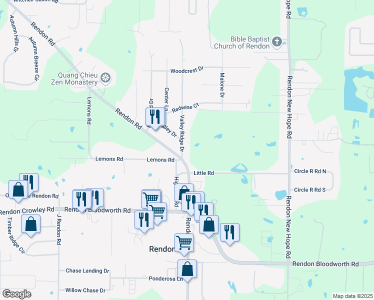 map of restaurants, bars, coffee shops, grocery stores, and more near 6557 Valley Ridge Drive in Fort Worth