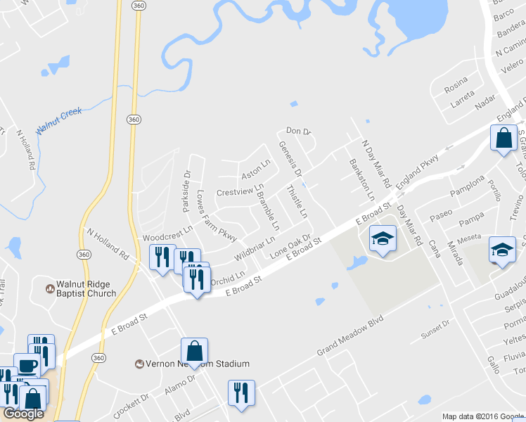 map of restaurants, bars, coffee shops, grocery stores, and more near 1313 Bramble Lane in Mansfield