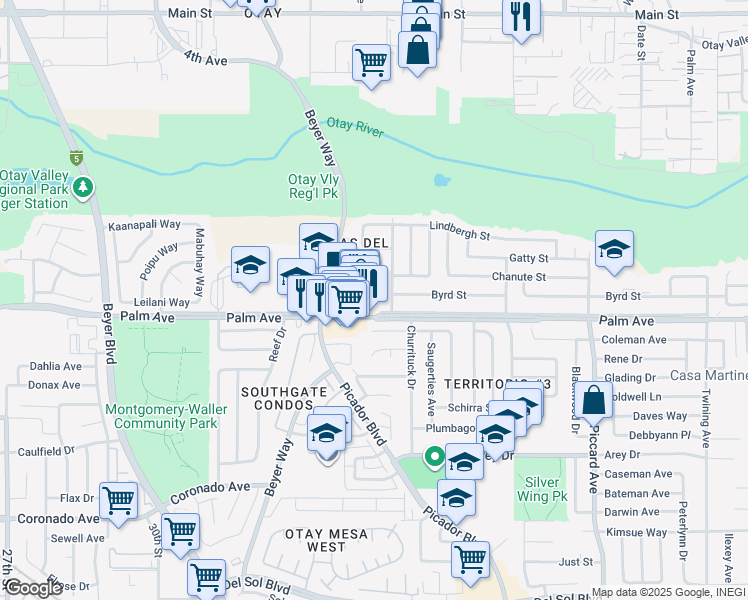 map of restaurants, bars, coffee shops, grocery stores, and more near 3422 Palm Avenue in San Diego