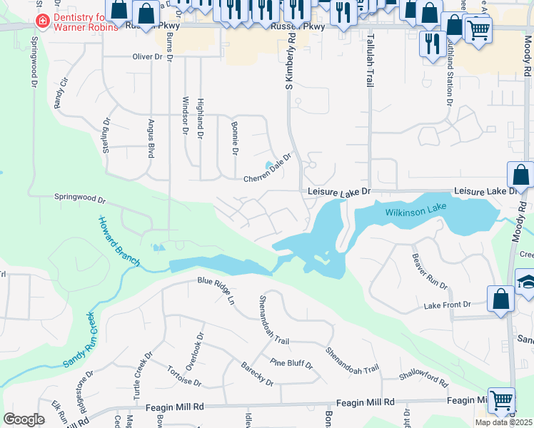 map of restaurants, bars, coffee shops, grocery stores, and more near 800 Leisure Lake Drive in Warner Robins
