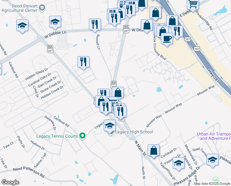 map of restaurants, bars, coffee shops, grocery stores, and more near 1350 Farm to Market Road 157 in Mansfield