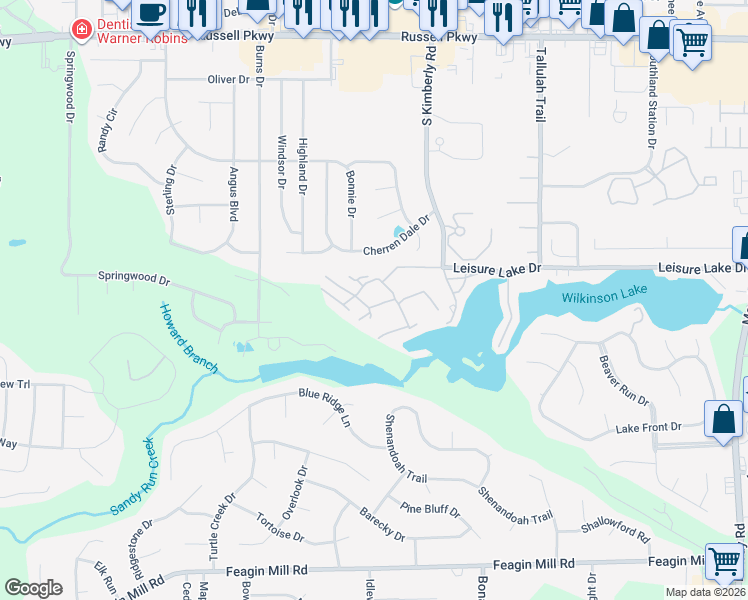 map of restaurants, bars, coffee shops, grocery stores, and more near 800 Leisure Lake Drive in Warner Robins
