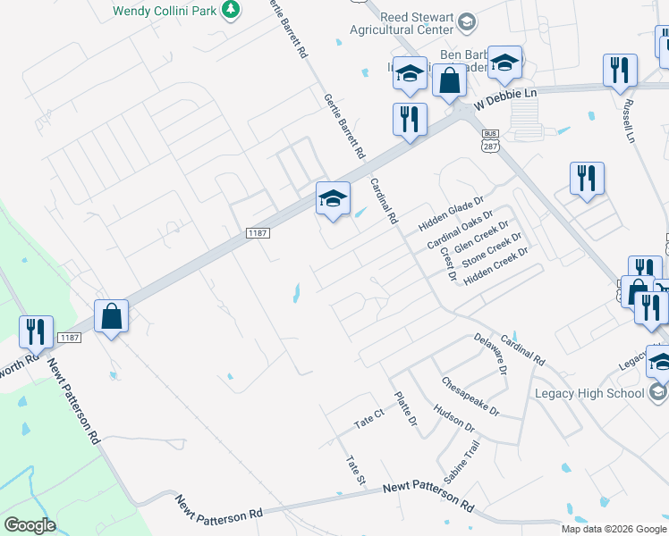 map of restaurants, bars, coffee shops, grocery stores, and more near 1605 Chateau Lane in Mansfield