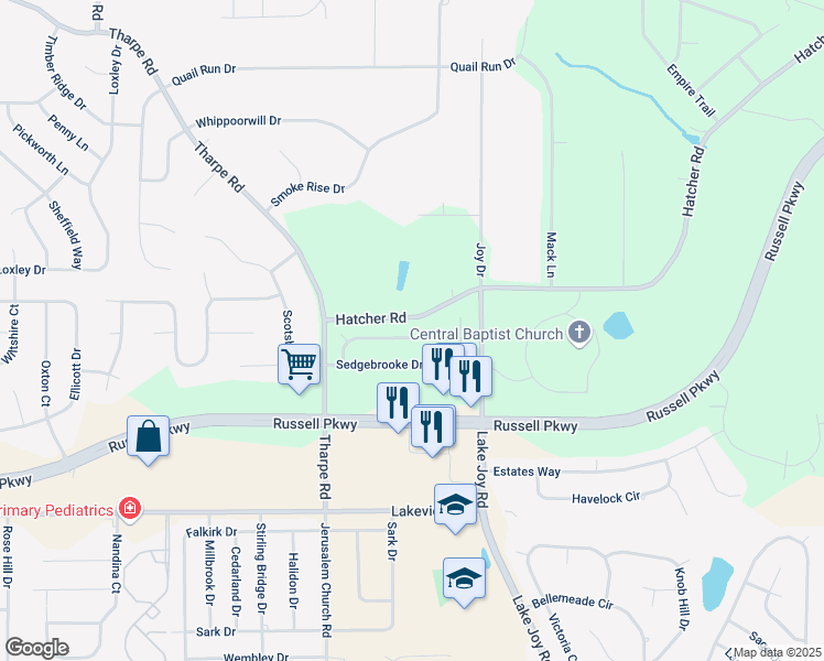 map of restaurants, bars, coffee shops, grocery stores, and more near 110 Emberly Lane in Warner Robins