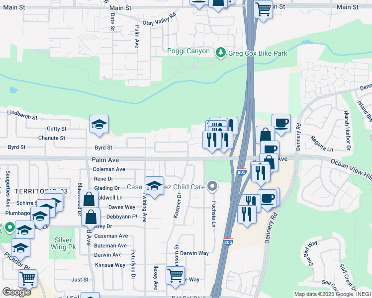 map of restaurants, bars, coffee shops, grocery stores, and more near 4250 Lemonseed Drive in San Diego