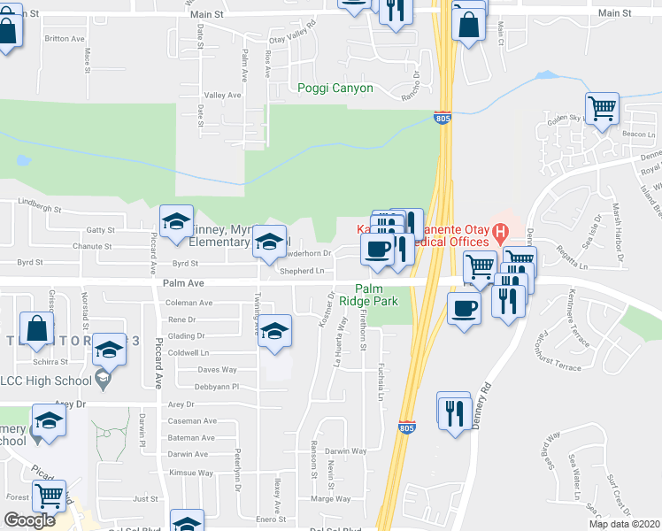 map of restaurants, bars, coffee shops, grocery stores, and more near 4250 Lemonseed Drive in San Diego