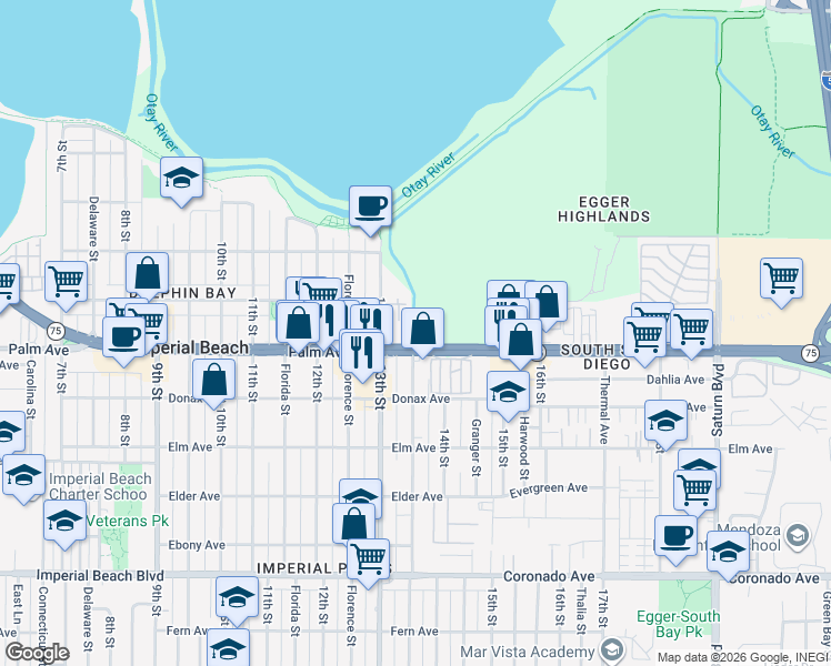 map of restaurants, bars, coffee shops, grocery stores, and more near 1384 Palm Avenue in San Diego