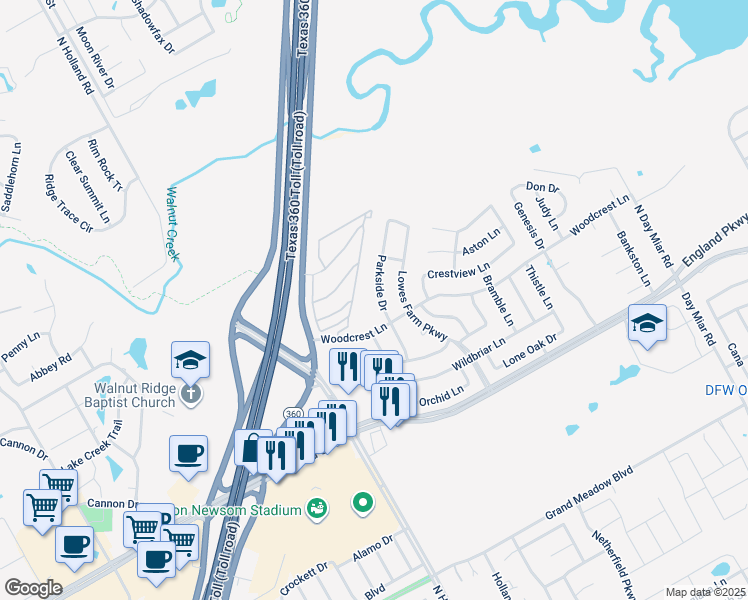 map of restaurants, bars, coffee shops, grocery stores, and more near 1403 Parkside Drive in Mansfield