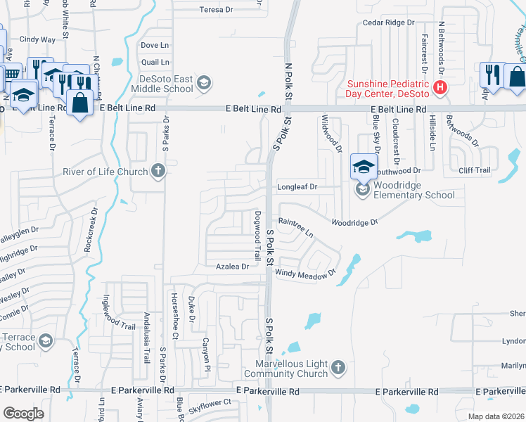 map of restaurants, bars, coffee shops, grocery stores, and more near 404 Dogwood Trail in DeSoto