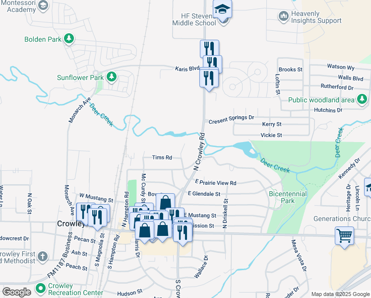 map of restaurants, bars, coffee shops, grocery stores, and more near 524 Trail Lake Drive in Crowley