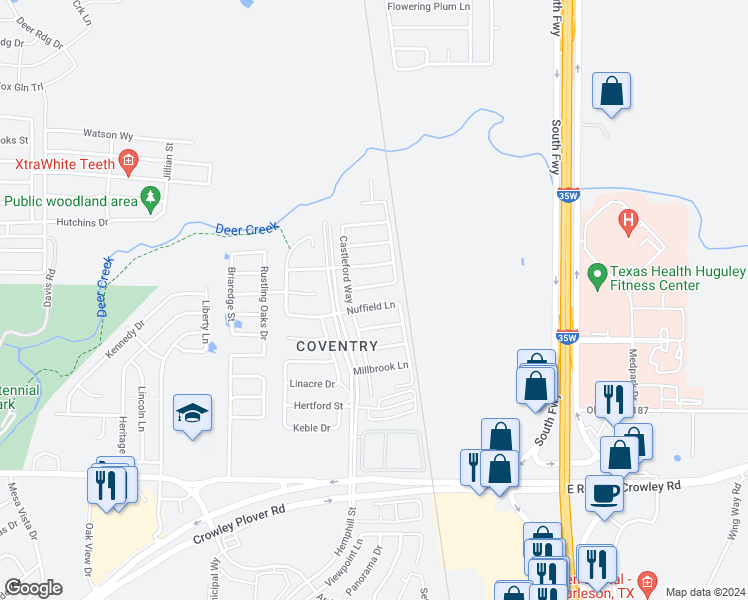 map of restaurants, bars, coffee shops, grocery stores, and more near 424 Nuffield Lane in Crowley