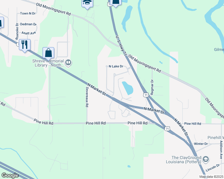 map of restaurants, bars, coffee shops, grocery stores, and more near 948 North Lakewood Drive in Shreveport