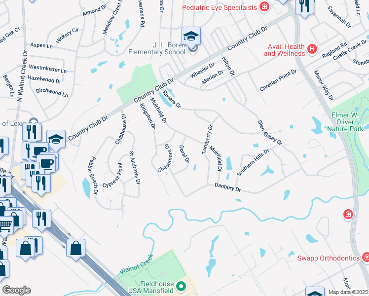map of restaurants, bars, coffee shops, grocery stores, and more near 824 Doral Drive in Mansfield