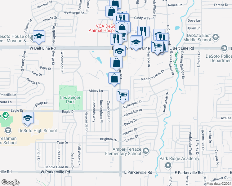 map of restaurants, bars, coffee shops, grocery stores, and more near 335 S Hampton Rd in DeSoto