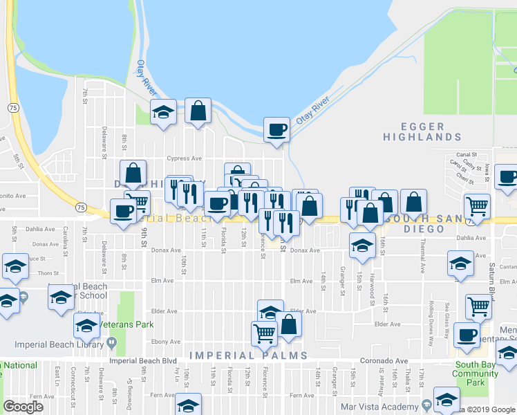 map of restaurants, bars, coffee shops, grocery stores, and more near 655 Florence Street in Imperial Beach