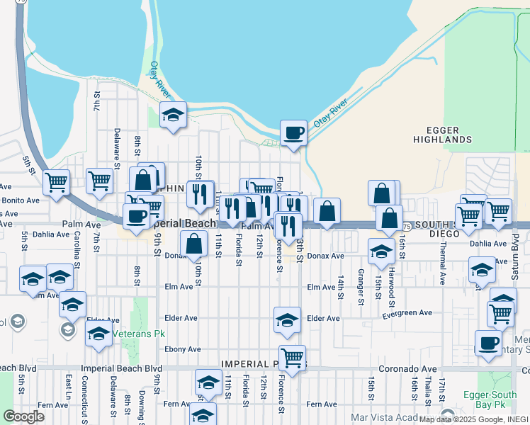 map of restaurants, bars, coffee shops, grocery stores, and more near 647 12th Street in Imperial Beach