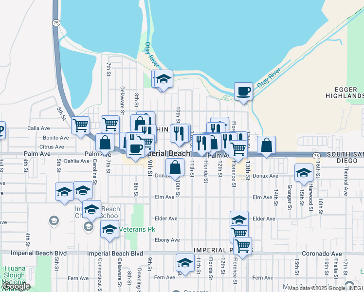 map of restaurants, bars, coffee shops, grocery stores, and more near 656 11th Street in Imperial Beach