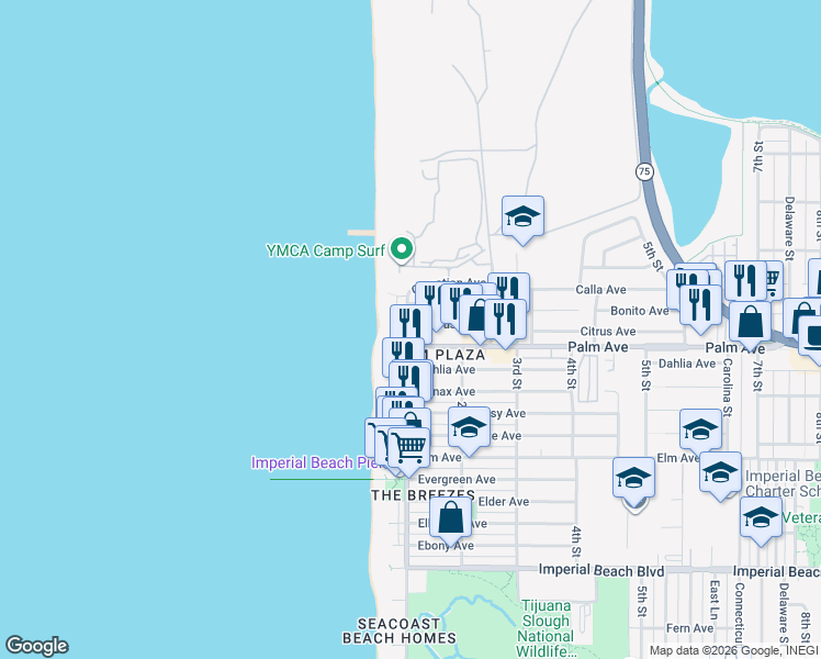 map of restaurants, bars, coffee shops, grocery stores, and more near 674 Seacoast Drive in Imperial Beach