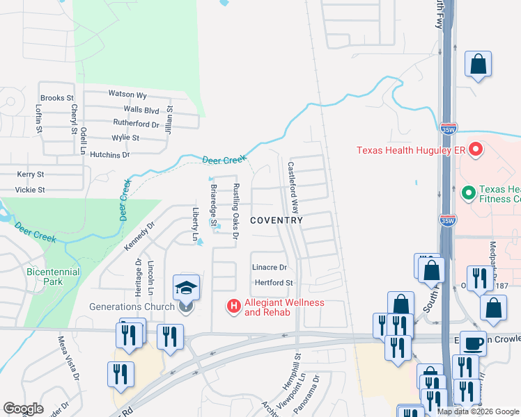 map of restaurants, bars, coffee shops, grocery stores, and more near 521 Oriel Circle in Crowley