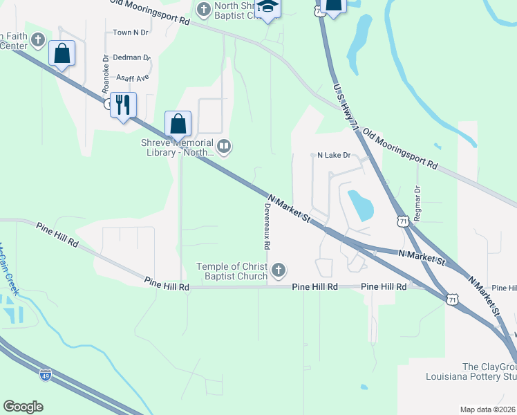 map of restaurants, bars, coffee shops, grocery stores, and more near 1008 Devereaux Road in Shreveport