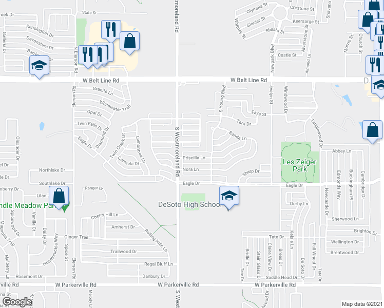 map of restaurants, bars, coffee shops, grocery stores, and more near 725 Priscilla Ln in DeSoto