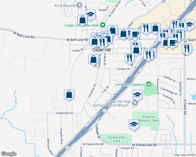 map of restaurants, bars, coffee shops, grocery stores, and more near 417 Houston Street in Cedar Hill