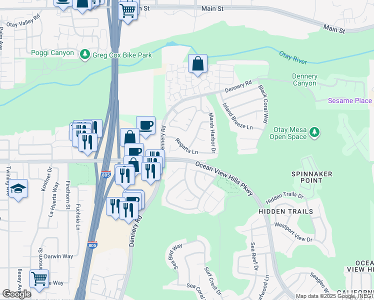 map of restaurants, bars, coffee shops, grocery stores, and more near Regatta Lane in San Diego