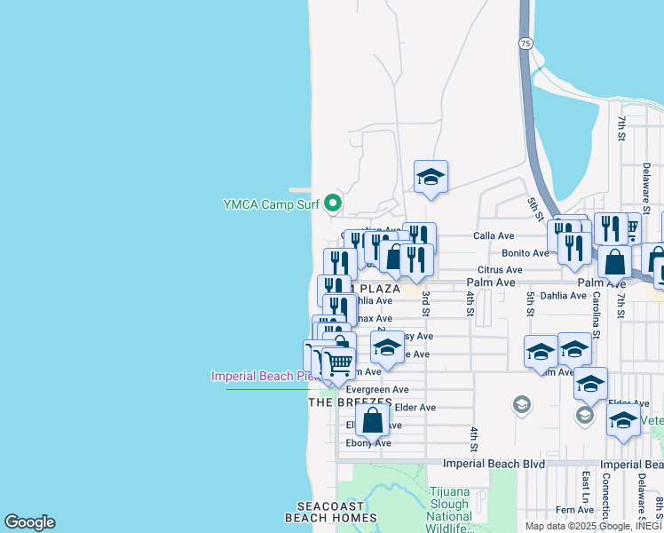 map of restaurants, bars, coffee shops, grocery stores, and more near 676 Seacoast Drive in Imperial Beach