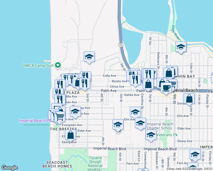 map of restaurants, bars, coffee shops, grocery stores, and more near 670 Corvina Street in Imperial Beach