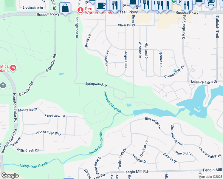 map of restaurants, bars, coffee shops, grocery stores, and more near 116 Millwood Drive in Warner Robins