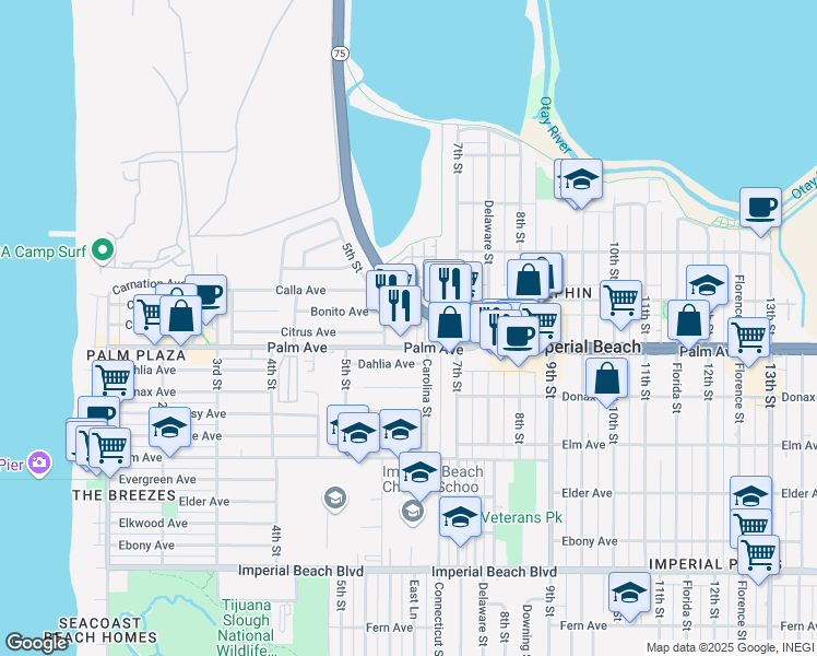 map of restaurants, bars, coffee shops, grocery stores, and more near 650 Palm Avenue in San Diego