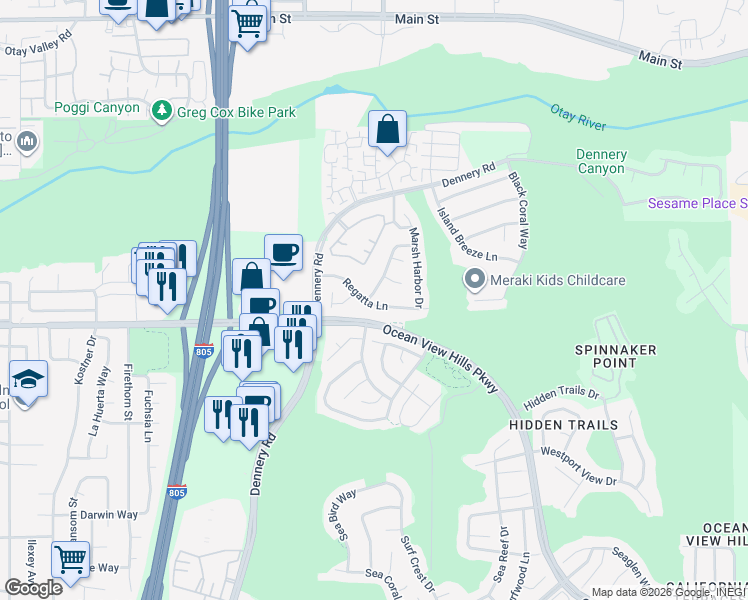map of restaurants, bars, coffee shops, grocery stores, and more near 4752 Regatta Lane in San Diego