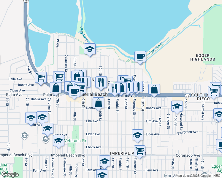 map of restaurants, bars, coffee shops, grocery stores, and more near 656 11th Street in Imperial Beach