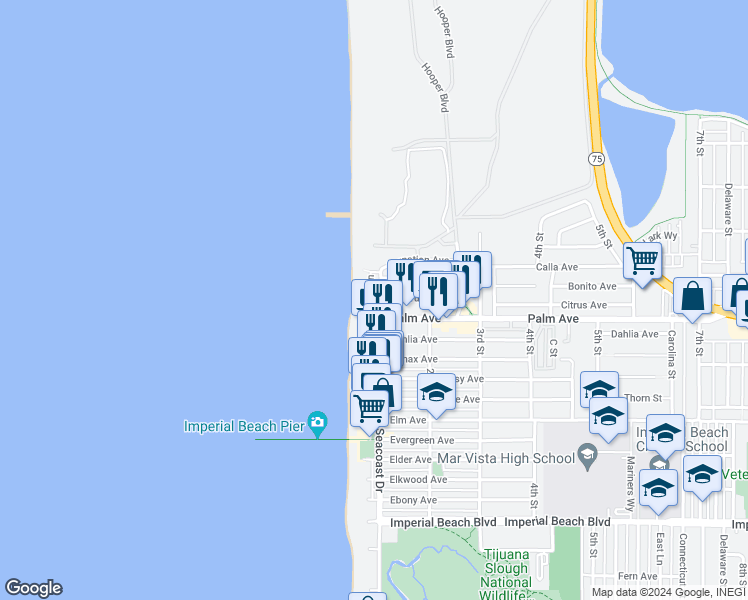map of restaurants, bars, coffee shops, grocery stores, and more near 674 Seacoast Drive in Imperial Beach