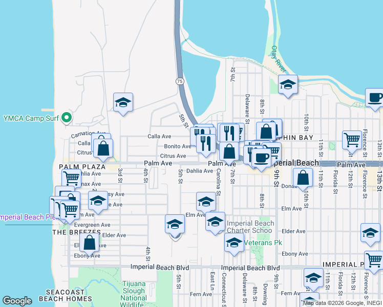 map of restaurants, bars, coffee shops, grocery stores, and more near 566 Citrus Avenue in Imperial Beach