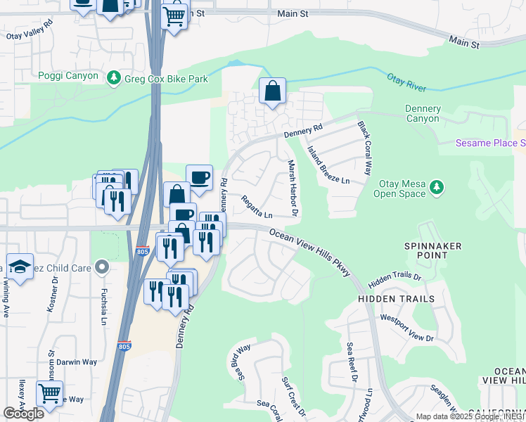 map of restaurants, bars, coffee shops, grocery stores, and more near 4752 Regatta Lane in San Diego