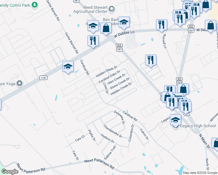 map of restaurants, bars, coffee shops, grocery stores, and more near 1214 Stone Creek Drive in Mansfield