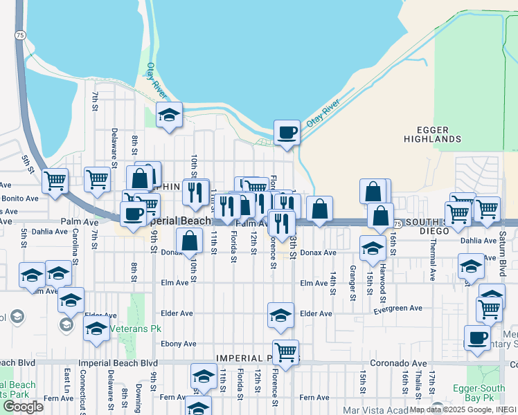 map of restaurants, bars, coffee shops, grocery stores, and more near 647 12th Street in Imperial Beach