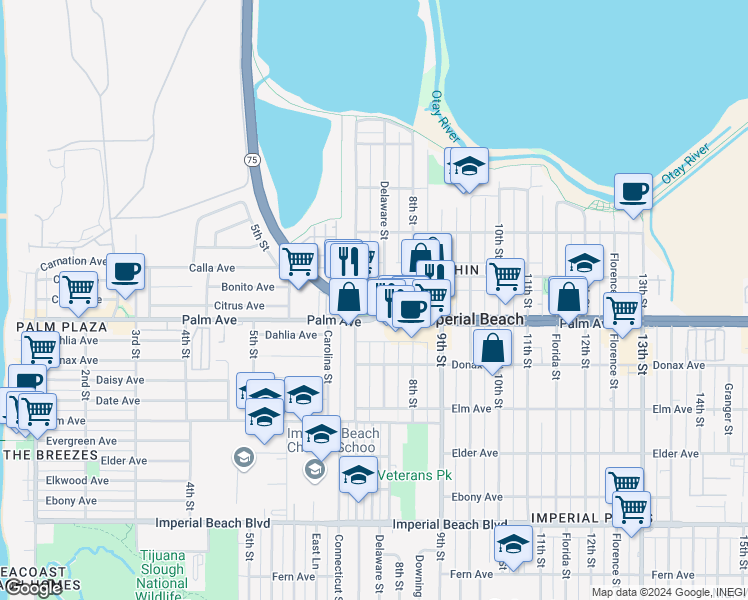 map of restaurants, bars, coffee shops, grocery stores, and more near 720 California 75 in Imperial Beach
