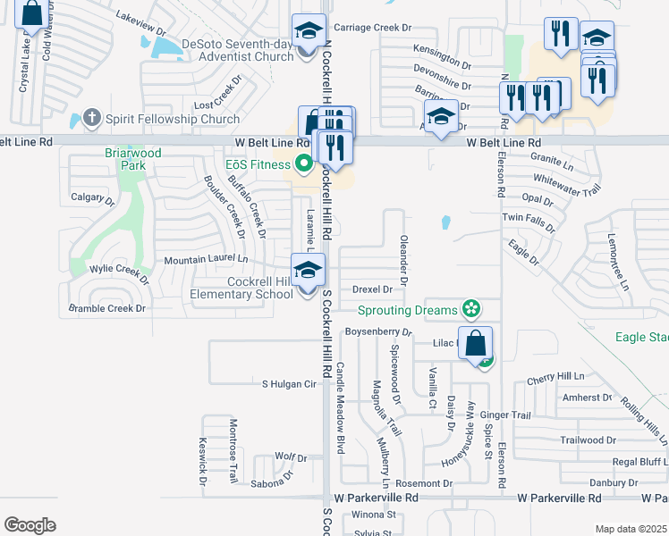 map of restaurants, bars, coffee shops, grocery stores, and more near 1 Mountain Laurel Ln in DeSoto