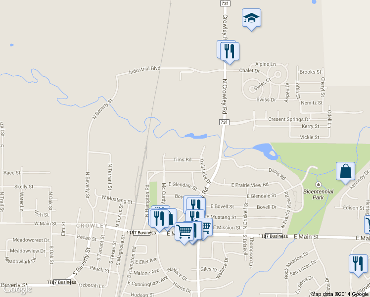 map of restaurants, bars, coffee shops, grocery stores, and more near 601 Trail Lake Drive in Crowley