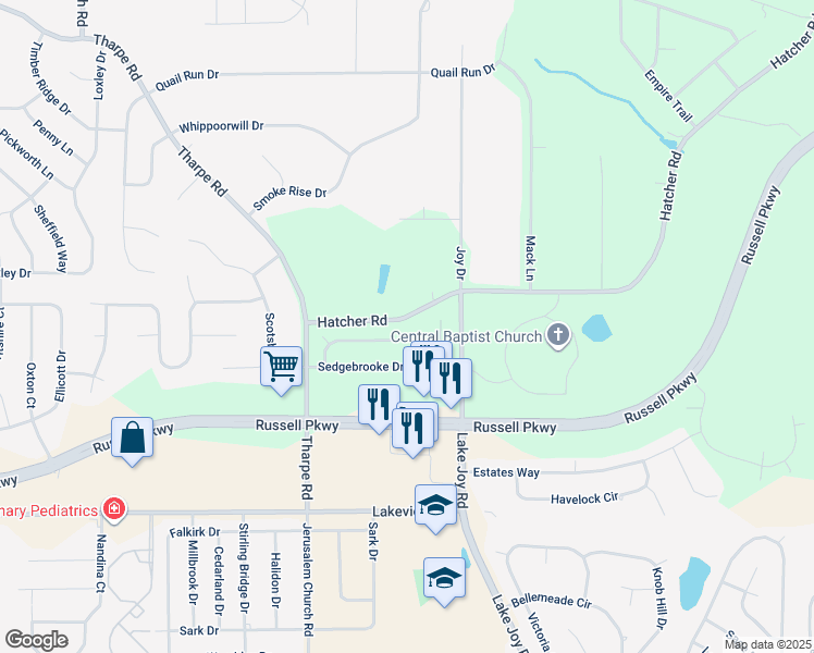 map of restaurants, bars, coffee shops, grocery stores, and more near 110 Emberly Lane in Warner Robins