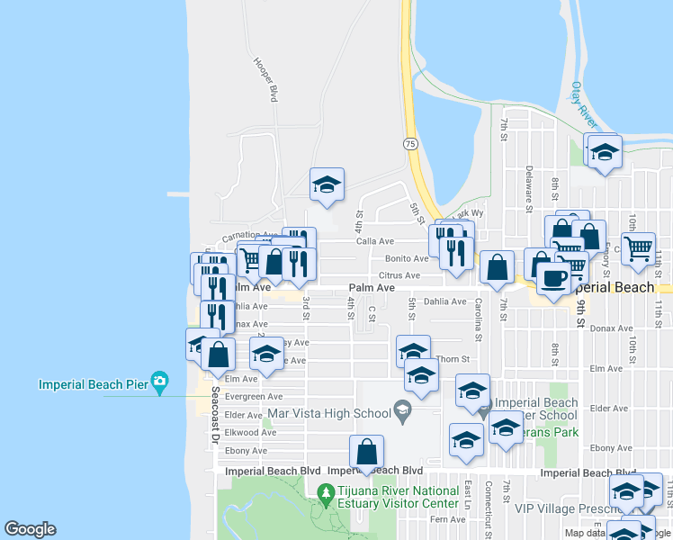 map of restaurants, bars, coffee shops, grocery stores, and more near 348 Citrus Avenue in Imperial Beach