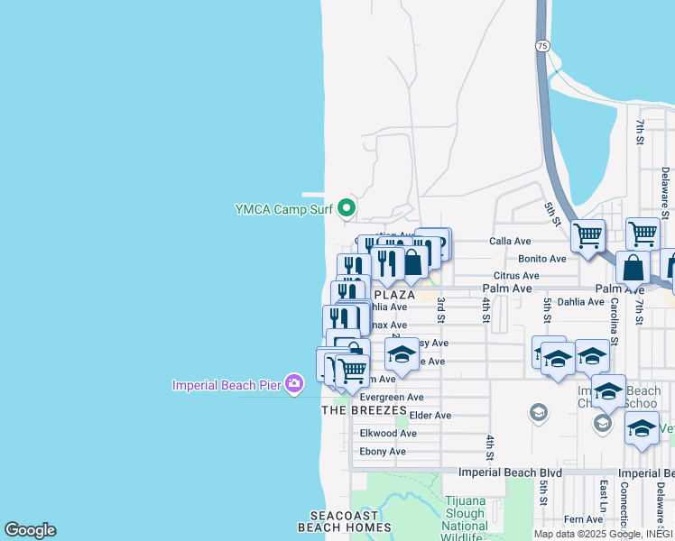 map of restaurants, bars, coffee shops, grocery stores, and more near 666 Ocean Lane in Imperial Beach