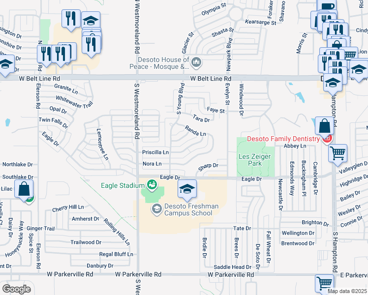 map of restaurants, bars, coffee shops, grocery stores, and more near 641 Priscilla Lane in DeSoto