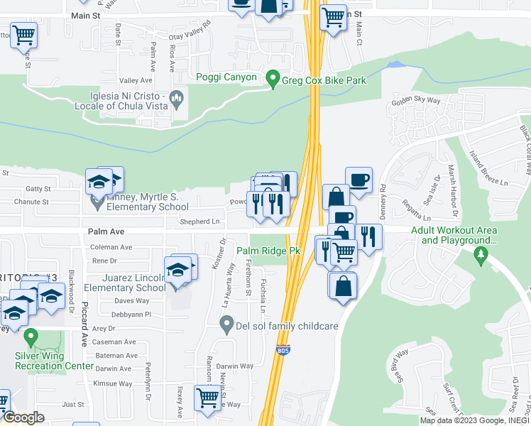 map of restaurants, bars, coffee shops, grocery stores, and more near 4370 Palm Avenue in San Diego