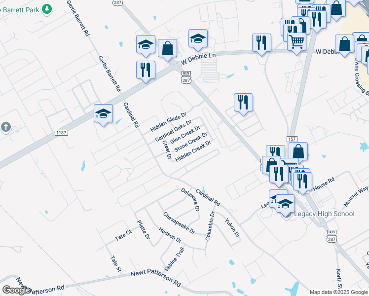 map of restaurants, bars, coffee shops, grocery stores, and more near 1203 Stone Creek Drive in Mansfield