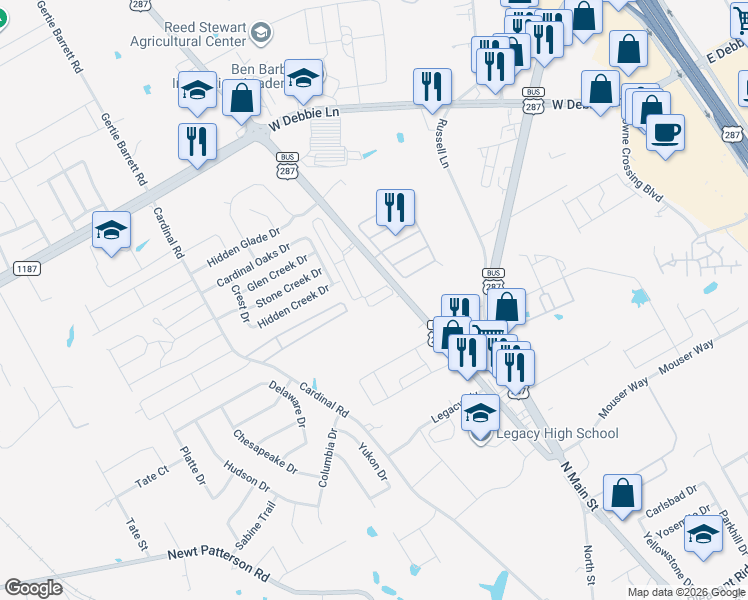 map of restaurants, bars, coffee shops, grocery stores, and more near 63 Thousand Oaks Drive in Mansfield