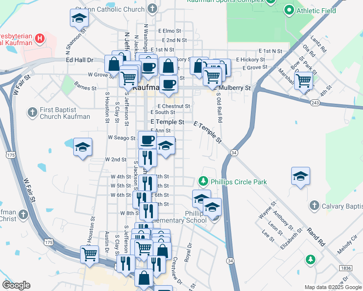 map of restaurants, bars, coffee shops, grocery stores, and more near 704 South Wilson Street in Kaufman
