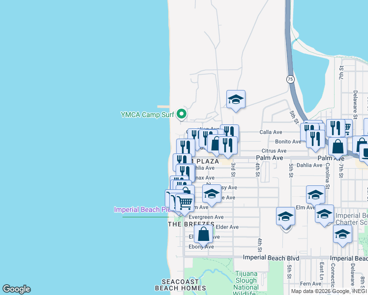 map of restaurants, bars, coffee shops, grocery stores, and more near Seacoast Drive & Citrus Avenue in Imperial Beach